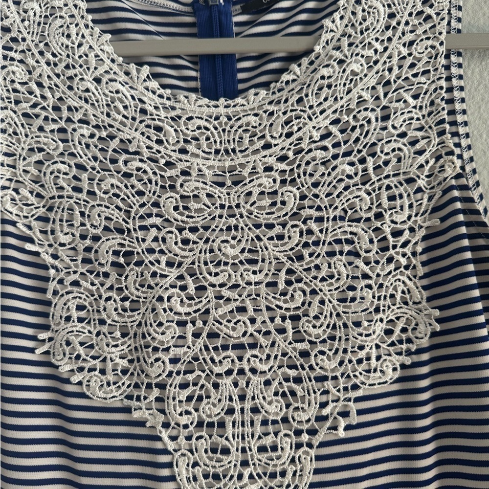 Blue and White Sleeveless A-Line Mini Dress with Lace. Size small - Picture 4 of 12